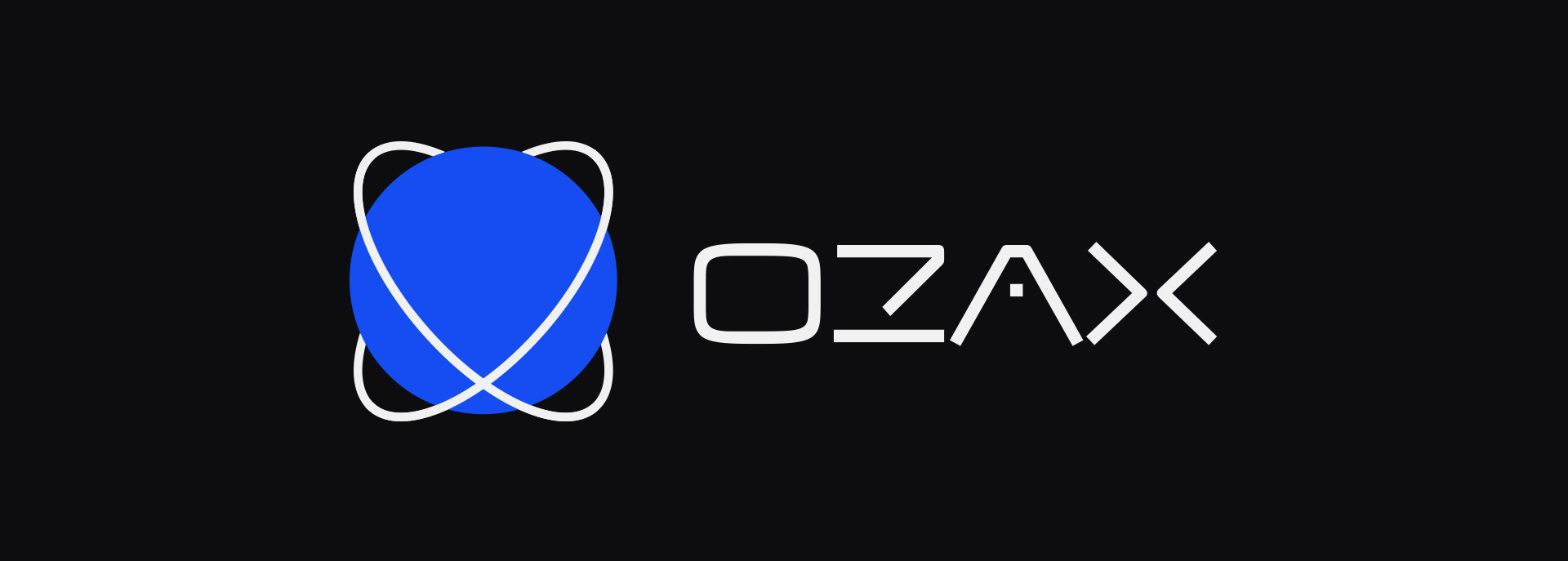 OZAX orbital mark and stencil wordmark in white and electric blue on black