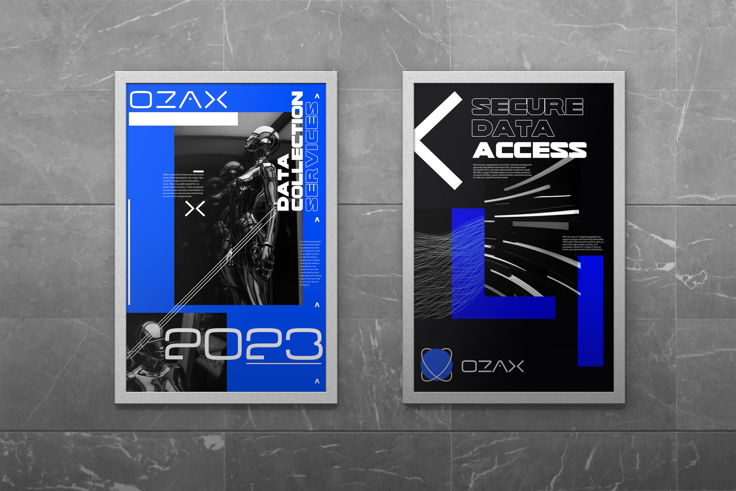 Two framed OZAX brand posters displayed on a marble wall